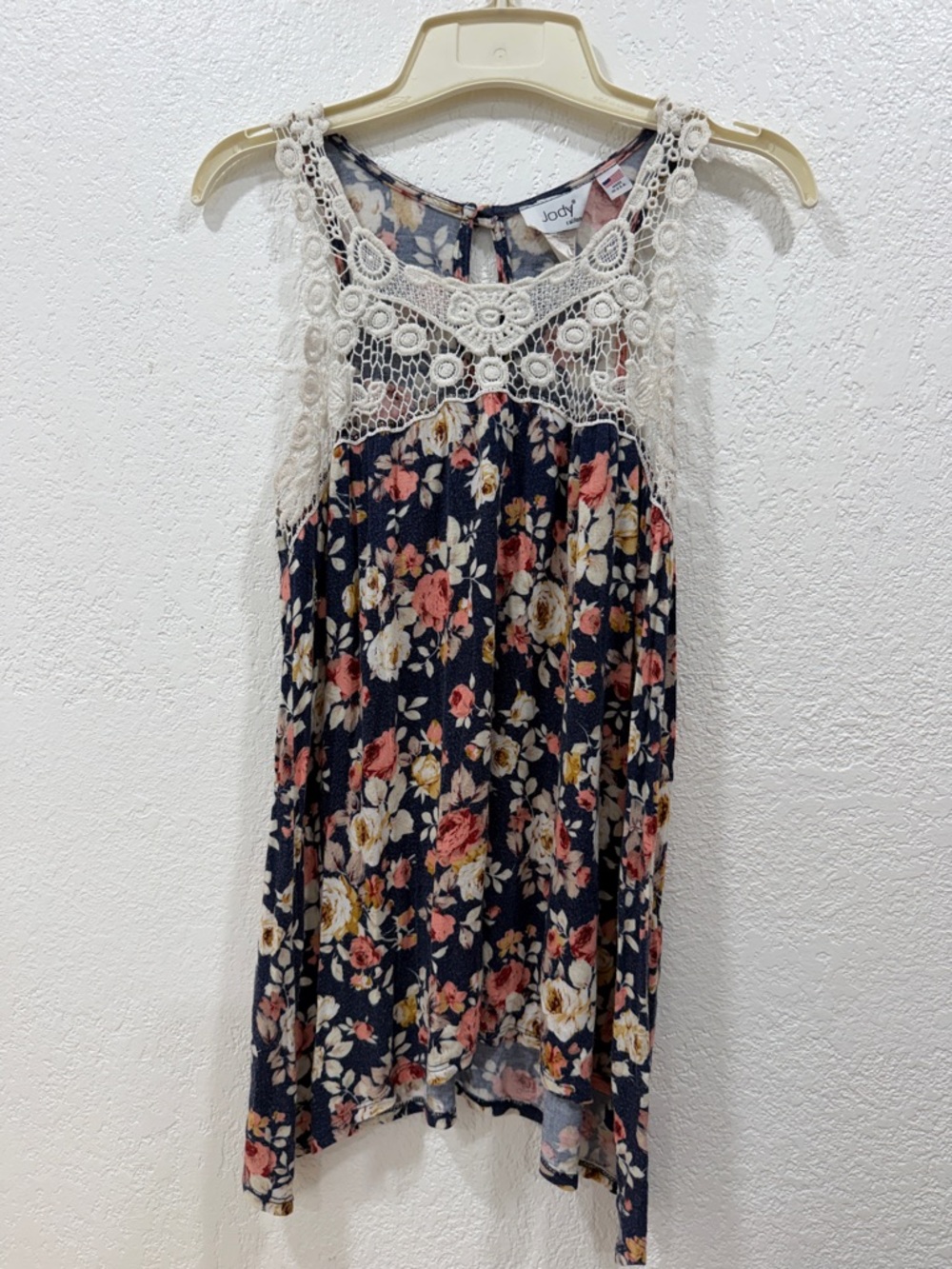 Jody Navy Floral Camisole Tank with Cream Crochet Yoke - Lightweight Summer Top